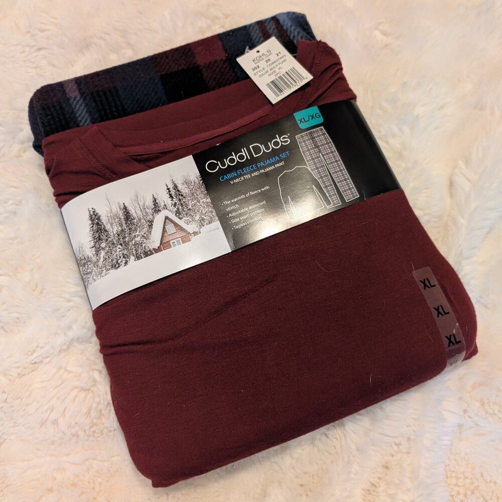 Mens Cuddl Duds Cabin Fleece Pajama Set XL Plaid Pants + Burgundy Top NWT